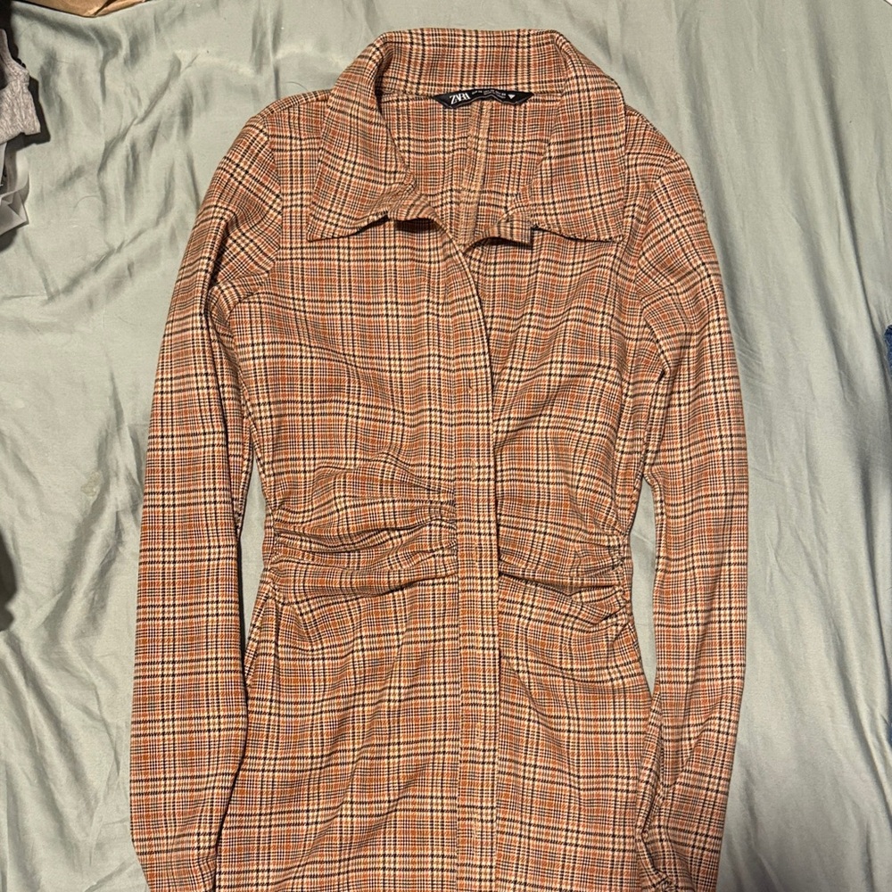 Zara Women's Rust Plaid Button Down Shirt Dress - XS